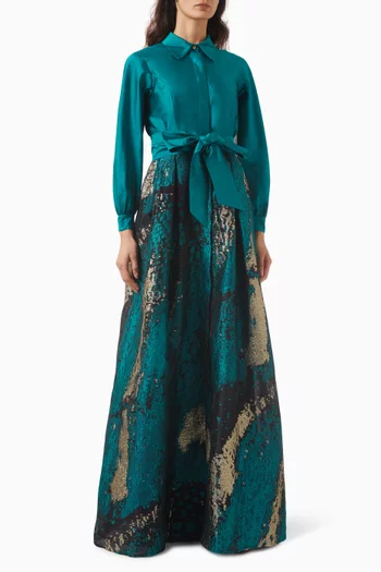 Belted Shirt Gown in Taffeta & Jacquard