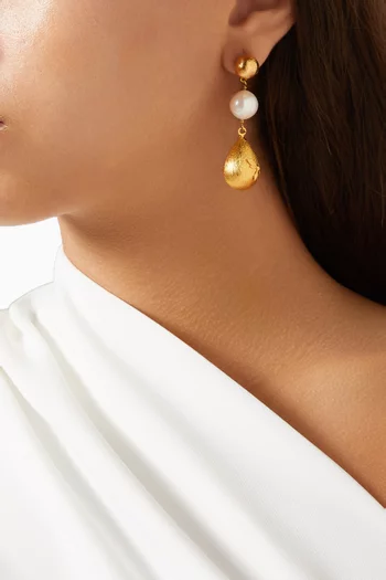 Bee & Pearl Drop Earrings in 22kt Gold-plated Brass
