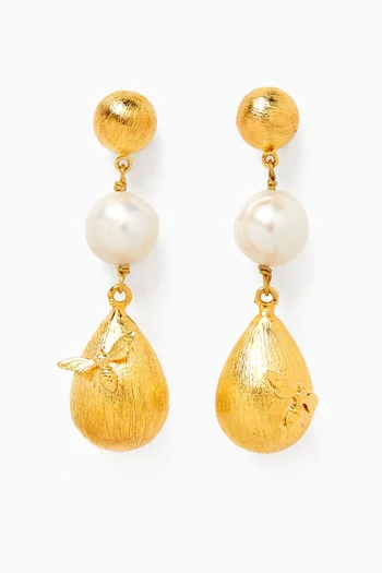 Bee & Pearl Drop Earrings in 22kt Gold-plated Brass