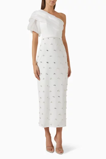 Embellished Midi Dress in Crepe & Organza