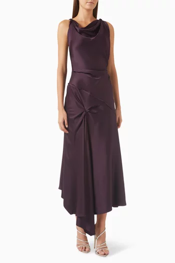 Asymmetric Draped Midi Dress in Crepe-satin