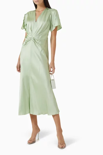 Gathered V-neck Midi Dress in Wool Blend