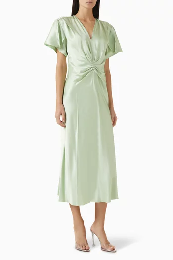 Gathered V-neck Midi Dress in Wool Blend