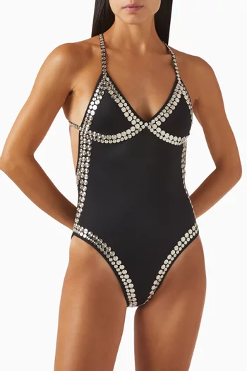 Stud-embellished Slip One-piece Swimsuit