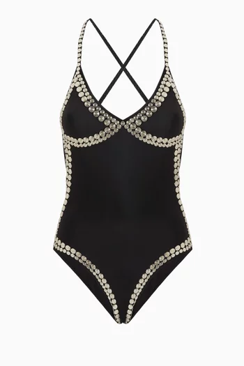 Stud-embellished Slip One-piece Swimsuit