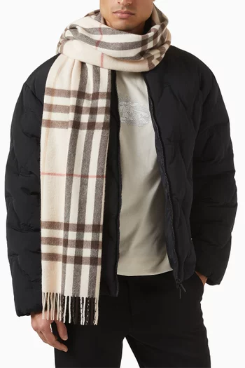 Check-print Fringed Scarf in Cashmere
