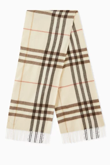 Check-print Fringed Scarf in Cashmere