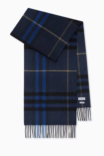 Check-print Fringed Scarf in Cashmere