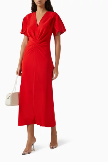 Gathered V-neck Midi Dress in Viscose Blend
