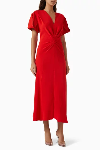 Gathered V-neck Midi Dress in Viscose Blend