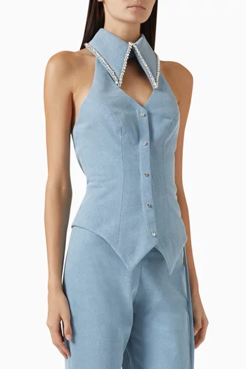 Crystal Collared Vest Top in Denim
