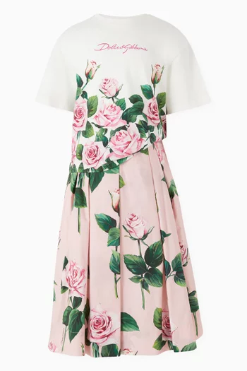Rose-print Midi Skirt in Cotton-poplin