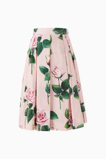Rose-print Midi Skirt in Cotton-poplin