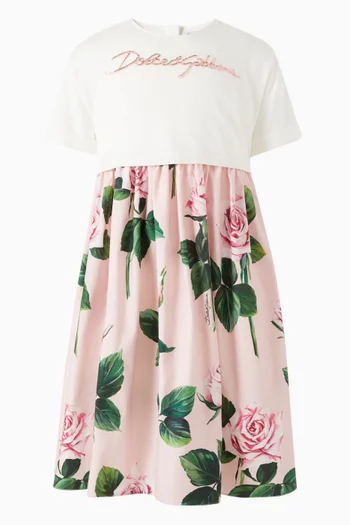 Rose-print T-shirt Dress in Cotton-poplin