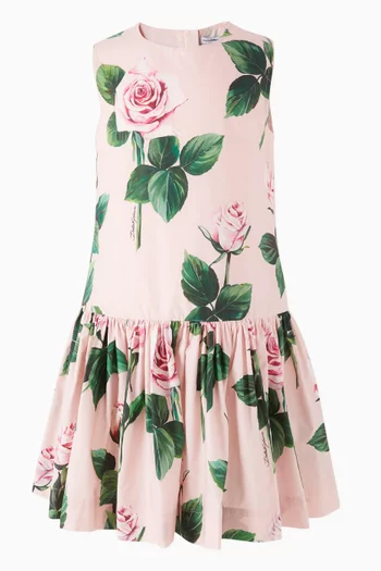 Rose-print Ruffled Dress in Cotton-poplin
