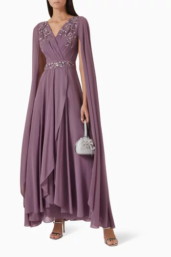 Embellished Cape-sleeve Gown