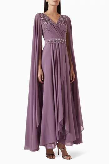 Embellished Cape-sleeve Gown