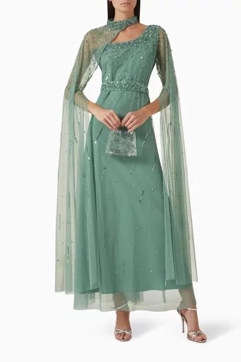 Embellished Cape-sleeve Gown