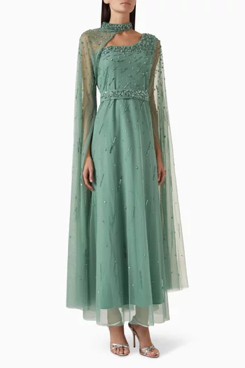 Embellished Cape-sleeve Gown