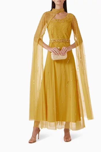 Embellished Cape-sleeve Gown