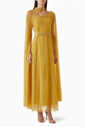 Embellished Cape-sleeve Gown
