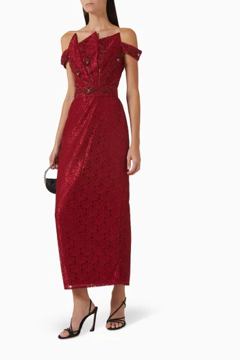 Embellished Off-shoulder Midi Dress in Lace