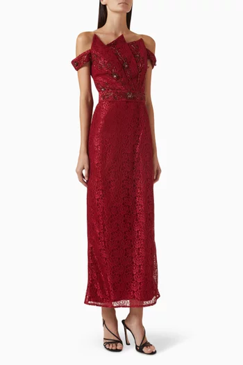 Embellished Off-shoulder Midi Dress in Lace
