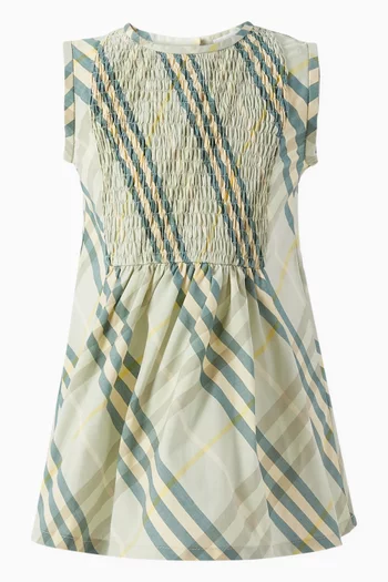 Smocked Check Midi Dress in Cotton-poplin