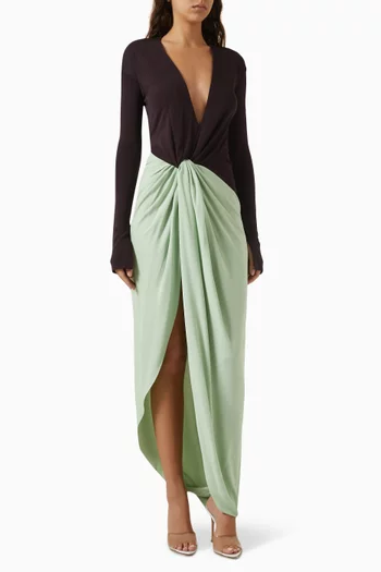 Long-sleeved Draped Gown in Stretch Jersey