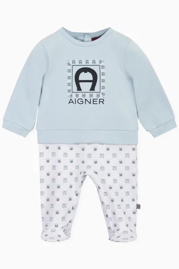 Two-tone Logo-print Sleepsuit in Cotton