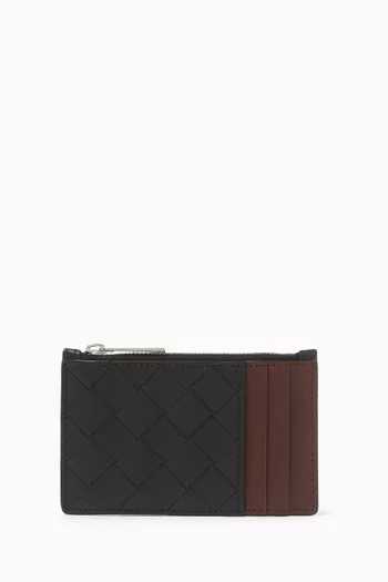 Zipped Card Case in Intrecciato Leather