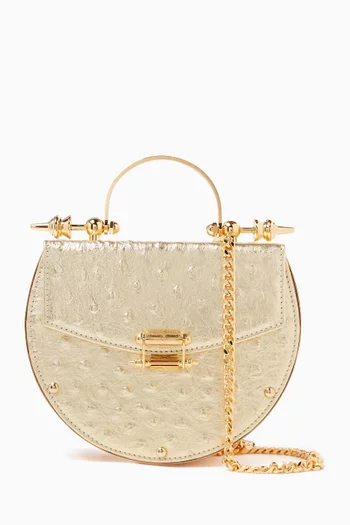 Oak Engraved Top-handle Bag in Ostrich-print Leather
