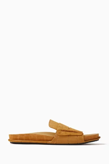 Mocassin Sandals in Croc-embossed Suede