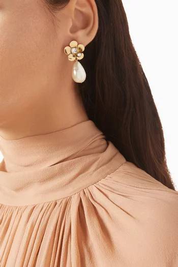 Flower Pearl Drop Earrings in Gold-tone Pewter