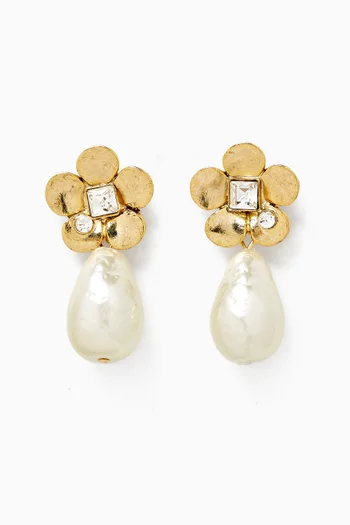 Flower Pearl Drop Earrings in Gold-tone Pewter