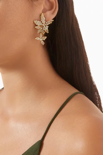 Tripple Flower Pearl Drop Earrings in Gold-tone Pewter