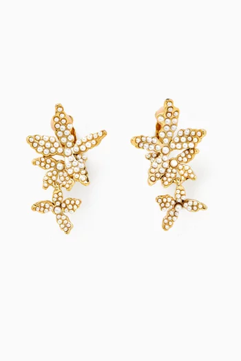 Tripple Flower Pearl Drop Earrings in Gold-tone Pewter