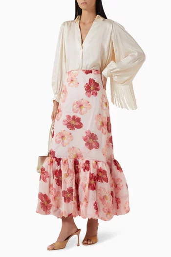 Organza Floral-print Ruffled Maxi Skirt in Viscose