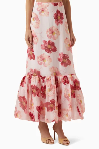 Organza Floral-print Ruffled Maxi Skirt in Viscose