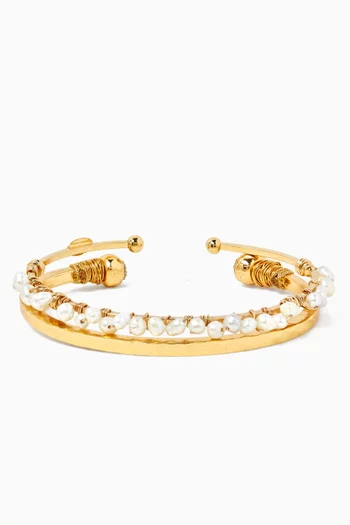 Pearl Cuff Bracelet Stack in Gold-plated Brass, Set of 2