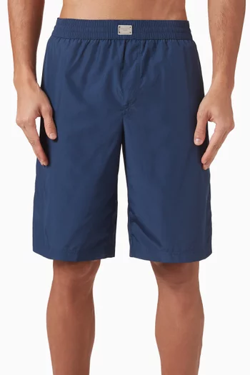 Long Logo Plaque Swim Shorts in Nylon