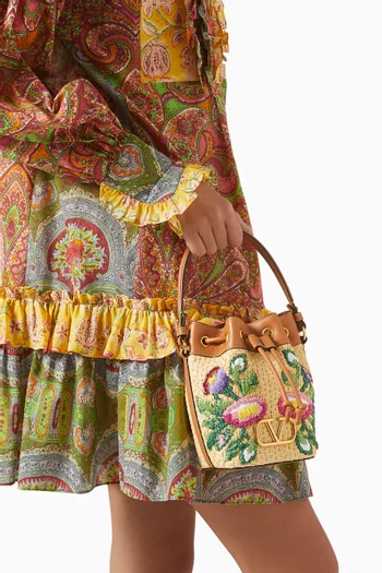 Mini Embroidered Bucket Bag in Raffia & Leather
