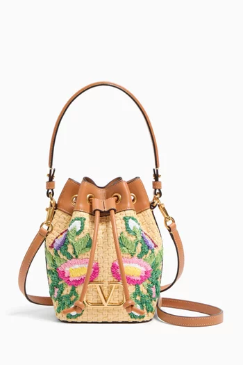 Mini Embroidered Bucket Bag in Raffia & Leather