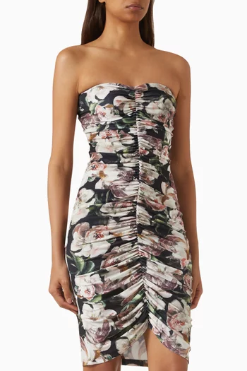 Shirred Floral-print Mini Dress in Poly-lycra