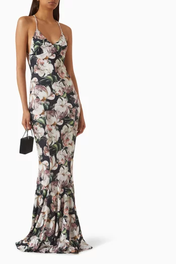 Floral-print Fishtail Gown in Poly-lycra