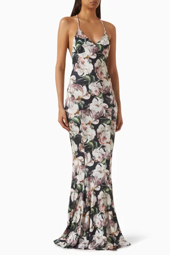 Floral-print Fishtail Gown in Poly-lycra