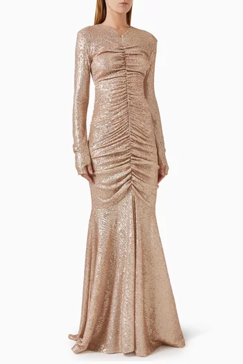 Shirred Sequin Fishtail Gown