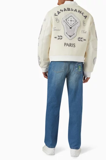 Chenille Embroidered Patchwork Bomber Jacket in Wool-blend
