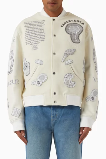 Chenille Embroidered Patchwork Bomber Jacket in Wool-blend