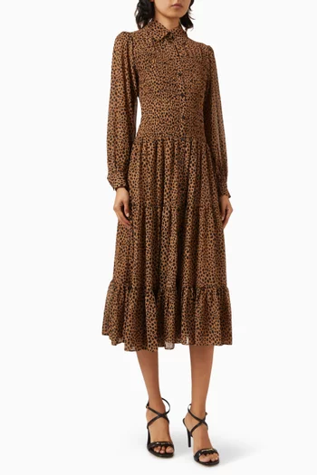 Animal-print Smocked Shirt Dress